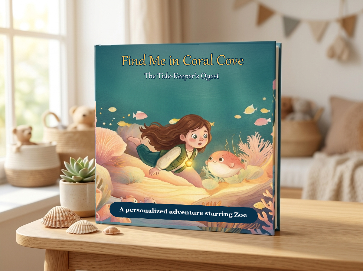 The personalized Find Me in Coral Cove hardcover displayed upright with Zoe on its illustrated cover