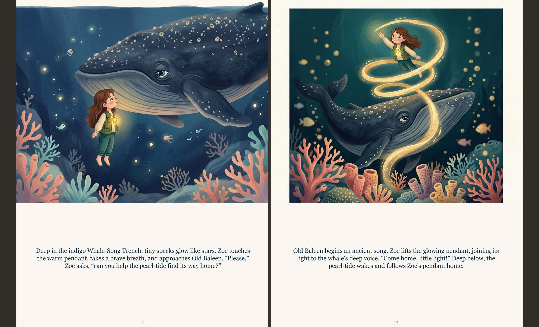 A readable illustrated Coral Cove story spread featuring Zoe
