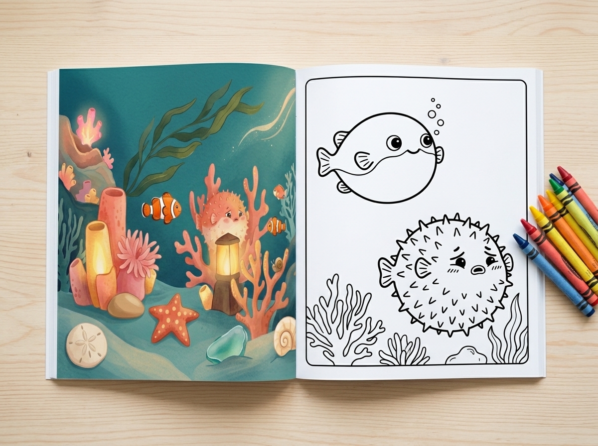 An open Coral Cove book with an illustrated scene and coloring activity