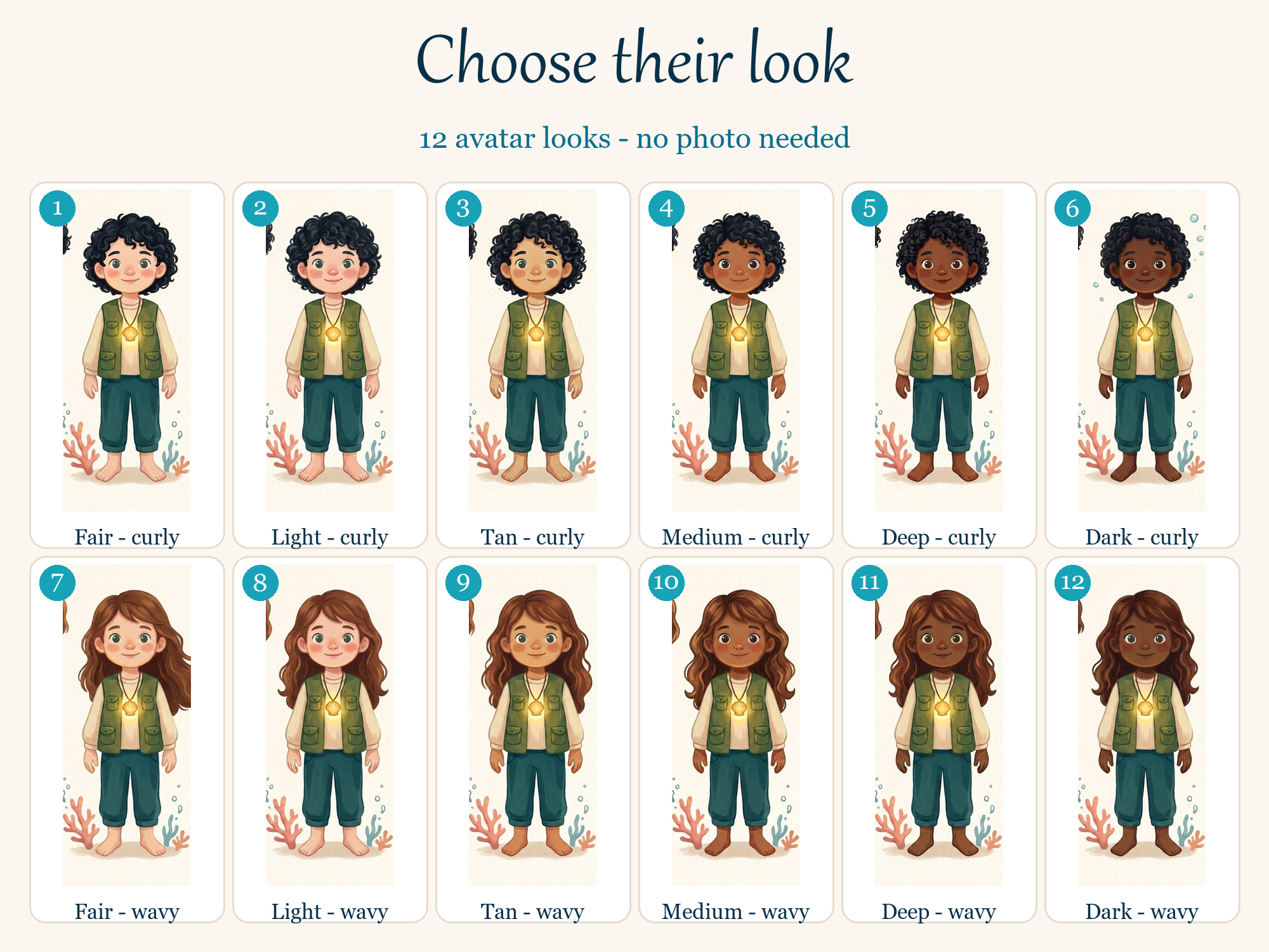 The 12 illustrated avatar looks available for Coral Cove
