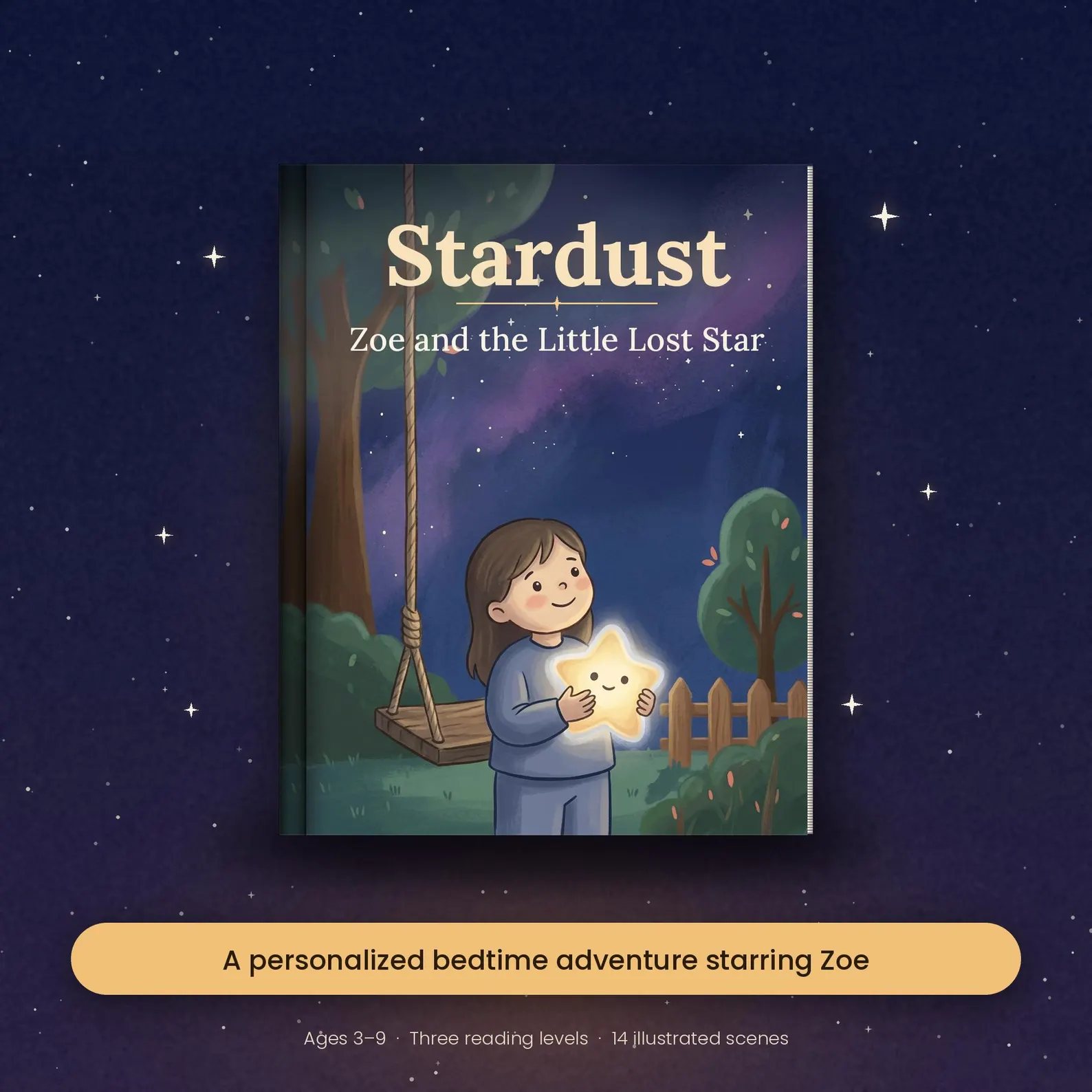 Stardust personalized hardcover displayed against a deep blue starry background