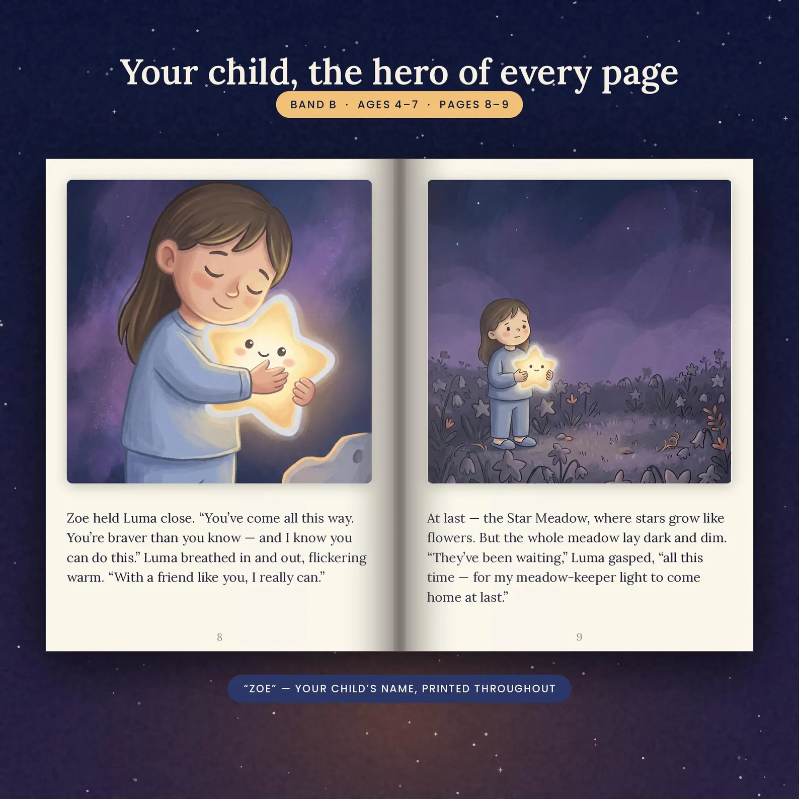 A personalized Stardust story spread with a child holding the little glowing star Luma