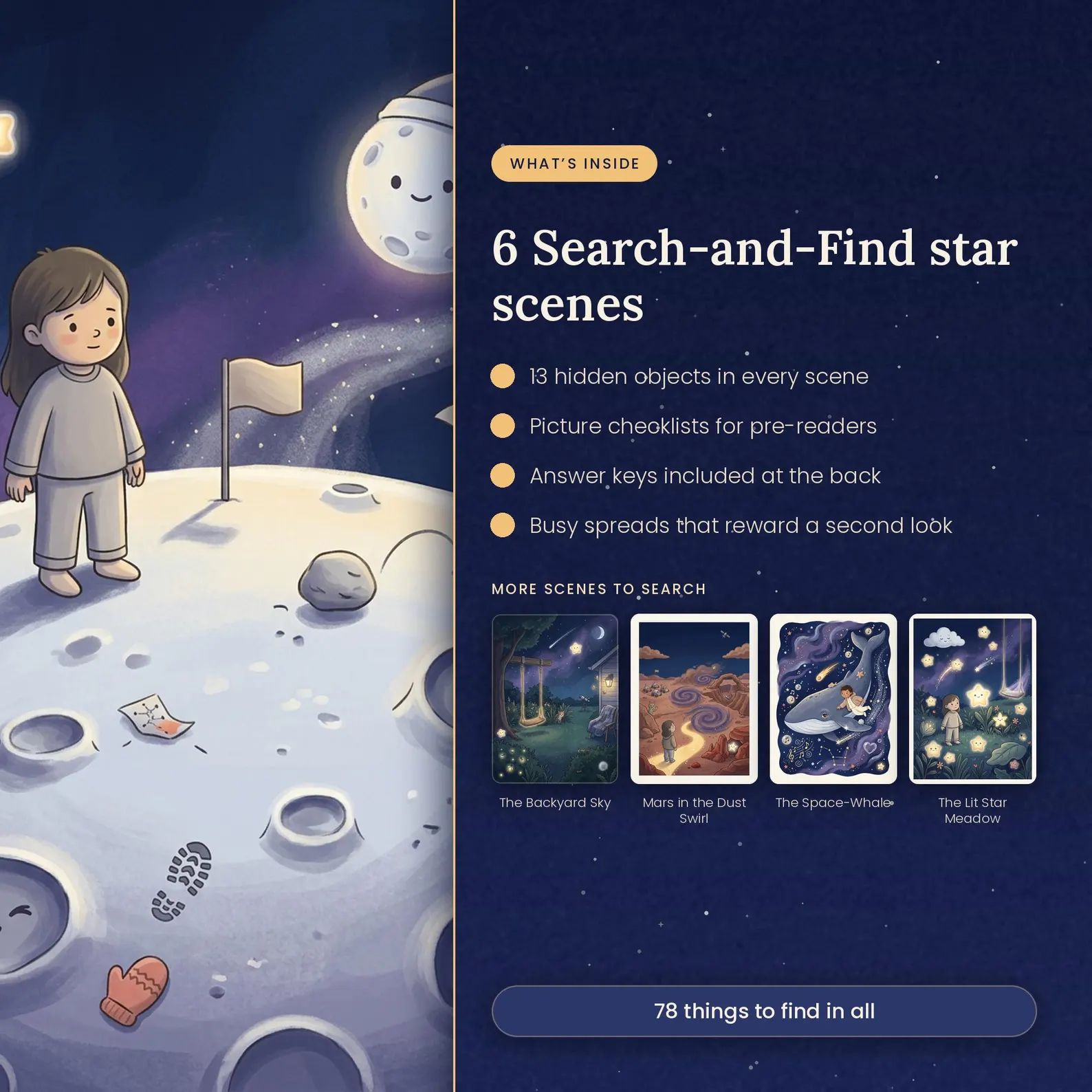 Stardust search-and-find pages with a picture checklist and answer key