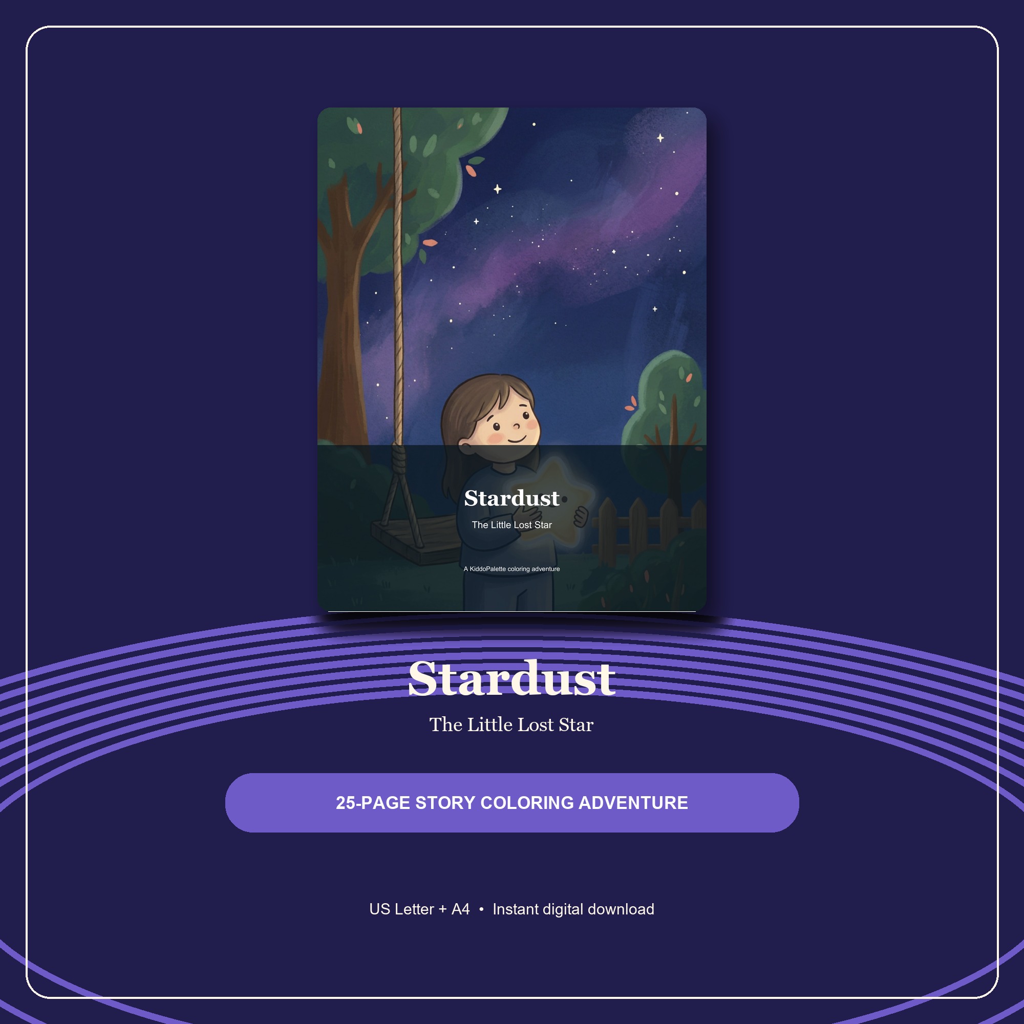 Stardust Story Coloring Book cover and printable activity pages in a deep-blue space setting