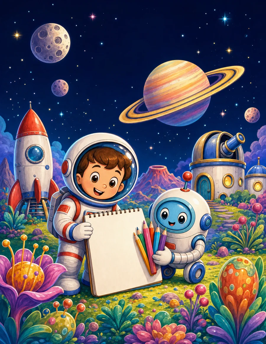 Space Pals Coloring Adventure cover with a child astronaut and friendly robot