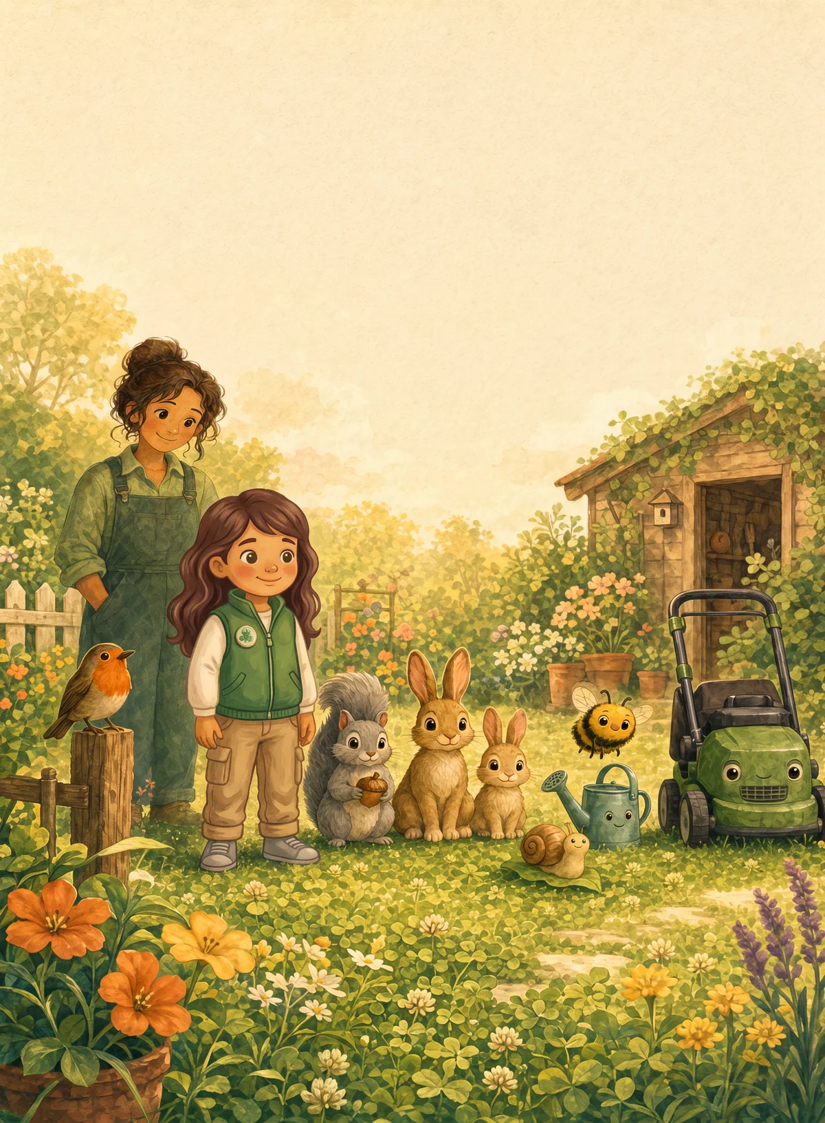 Clover Corner story world with a child and friendly backyard creatures