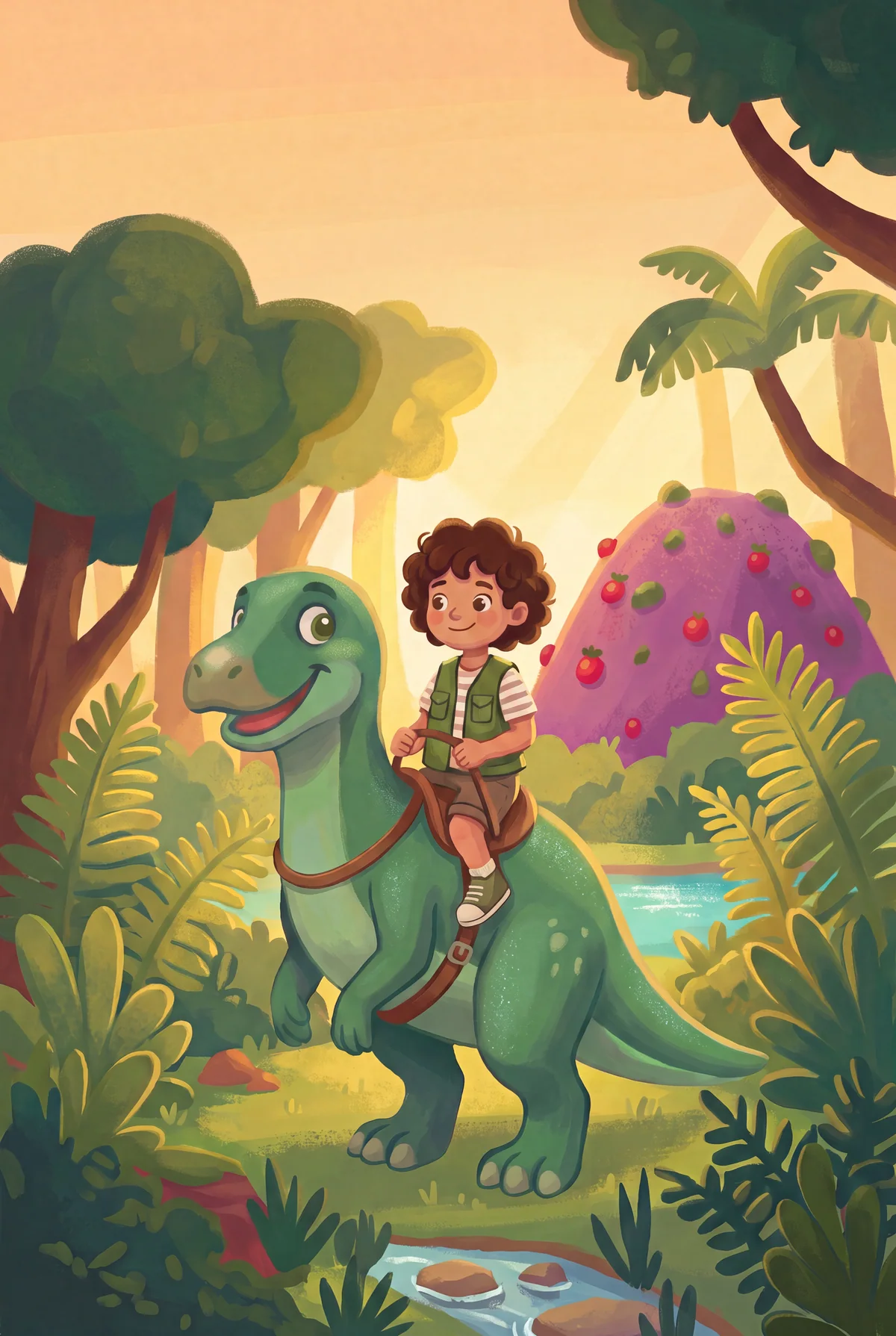 Rumbleroar story world with a child riding a friendly green dinosaur