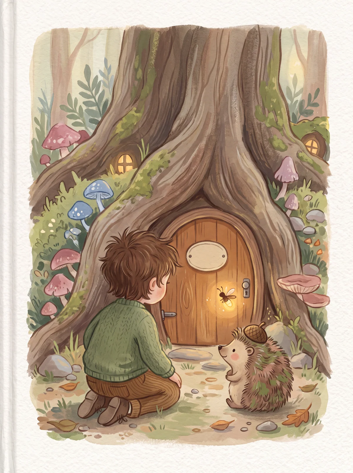Studio preview of Thistledown, showing a child discovering a tiny glowing door in the roots of an old tree
