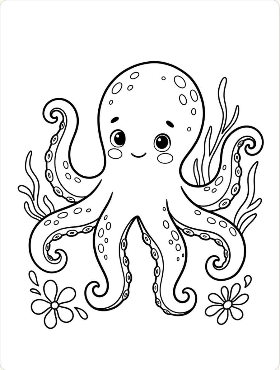 A complete Coral Cove octopus coloring page with every line visible