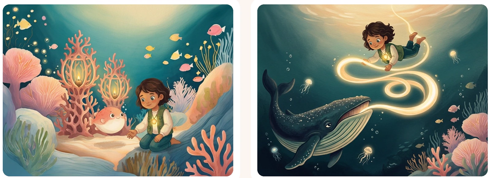 Two Coral Cove illustrations showing Zoe meeting a little pufferfish and helping a gentle whale with her glowing pendant